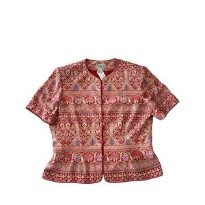 Papell Vintage Womens  XL Silk Ethnic Shoulder Pad Retro Floral Quilted Red Top